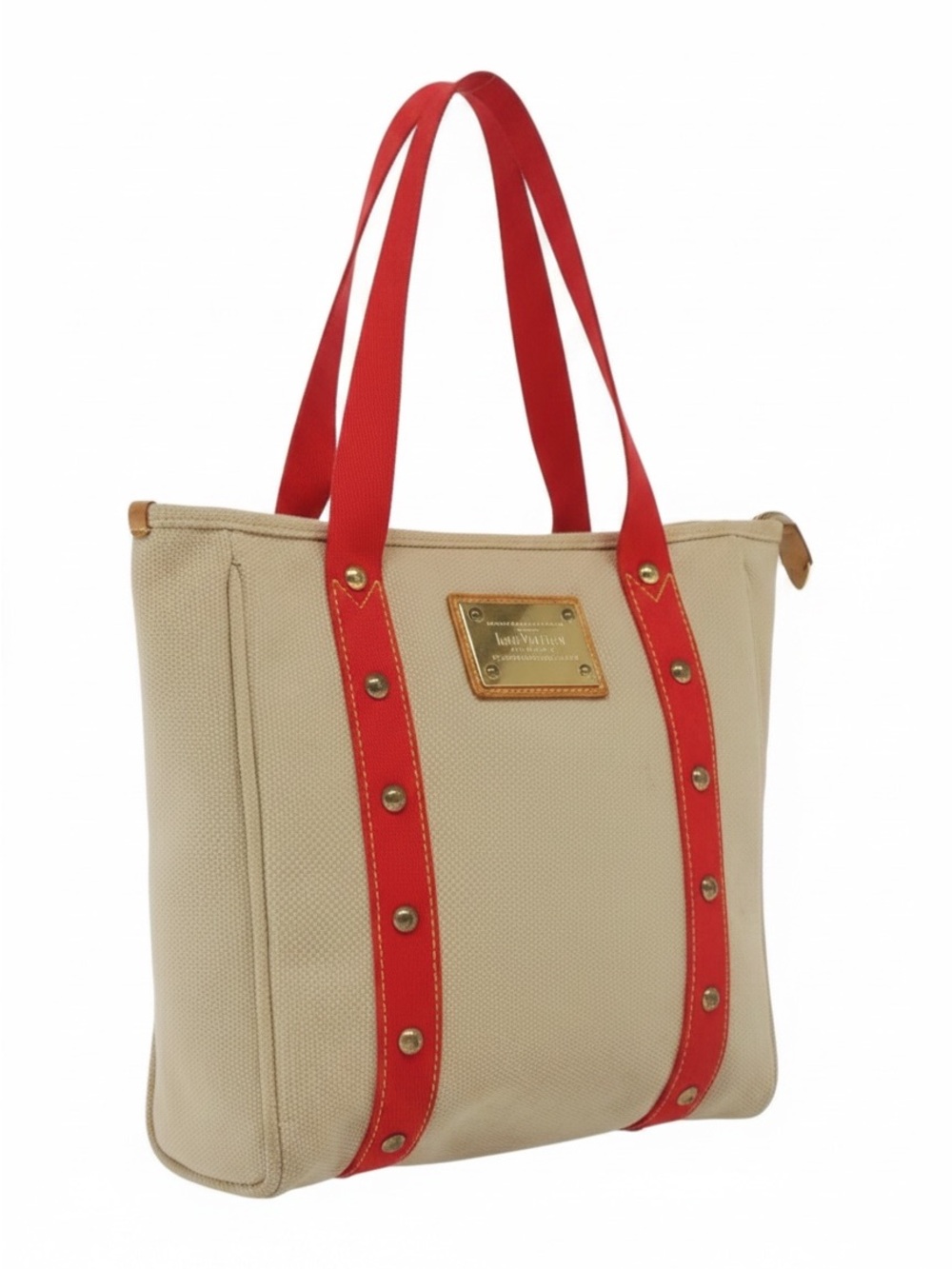 LOUIS VUITTON Antigua Cabas MM Canvas Tote Shoulder Bag 2005 Vintage Red Beige